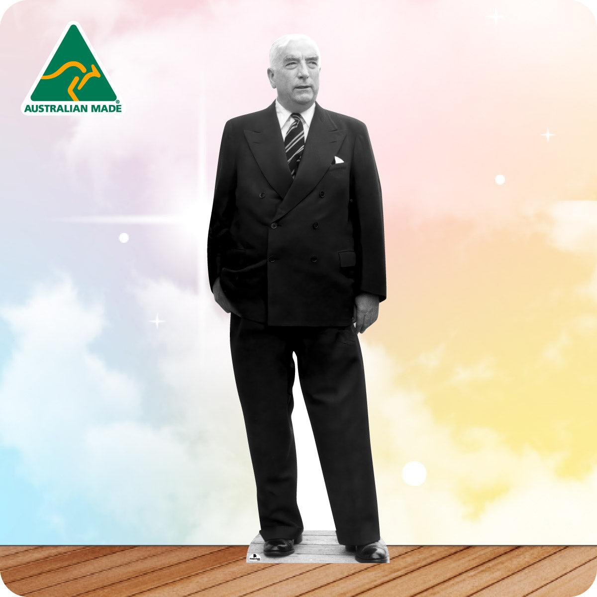 Cardboard standee of a man in a black suit with 'Australian Made' logo on a colorful background.