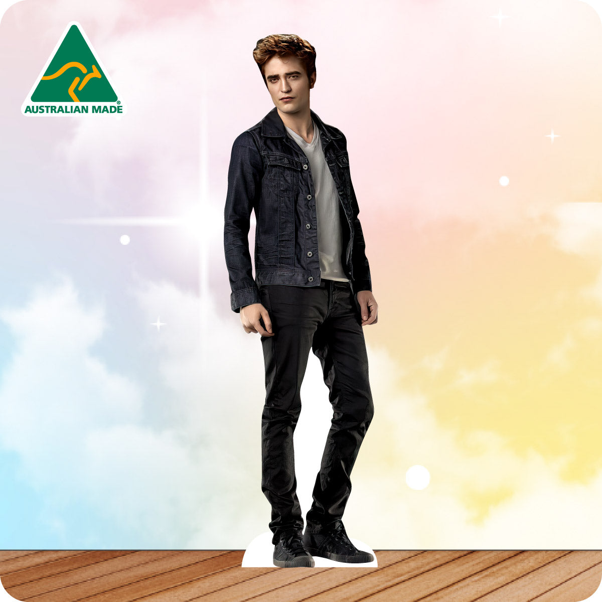 Man wearing a denim jacket and black pants on a colorful background with 'Australian Made' logo.