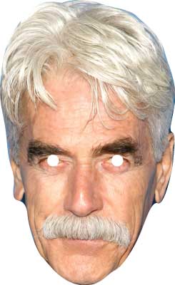 Cardboard mask of a person with white hair and mustache on a white background