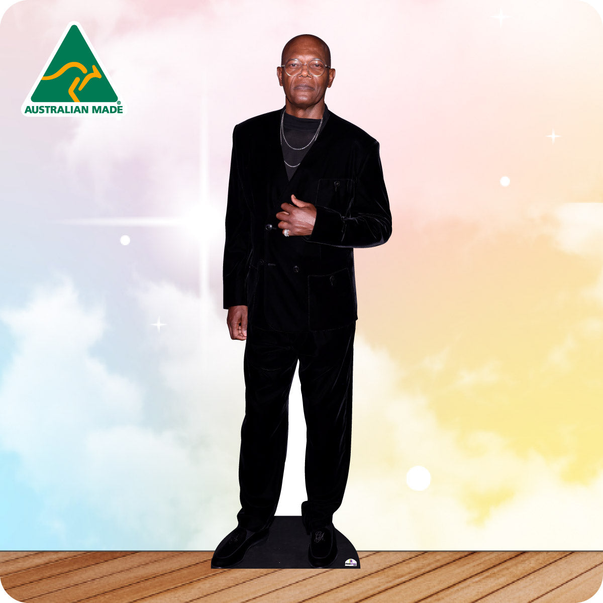 Cardboard standee of a man in a black suit with 'Australian Made' logo in the corner.