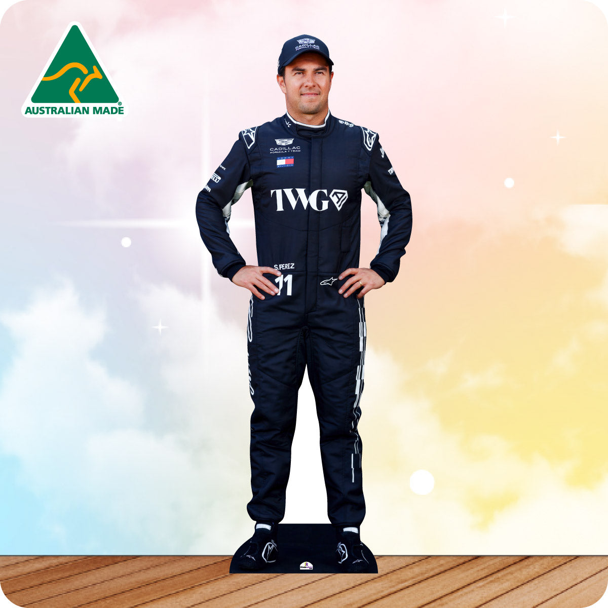 Cardboard cutout of a person in a racing suit with TWG branding on a colorful background.