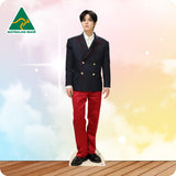 Cardboard cutout of a person wearing a black blazer and red pants with 'Australian Made' logo in the corner.