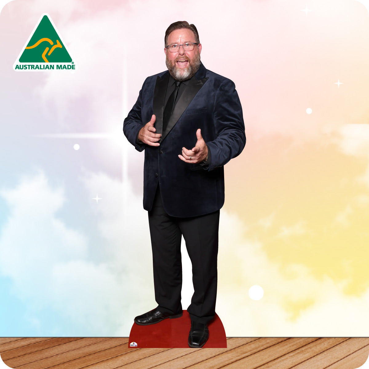 Cardboard standee of a man in a suit with 'Australian Made' logo on a colorful background