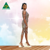 Woman in a evening gown on a colorful background with 'Australian Made' logo.