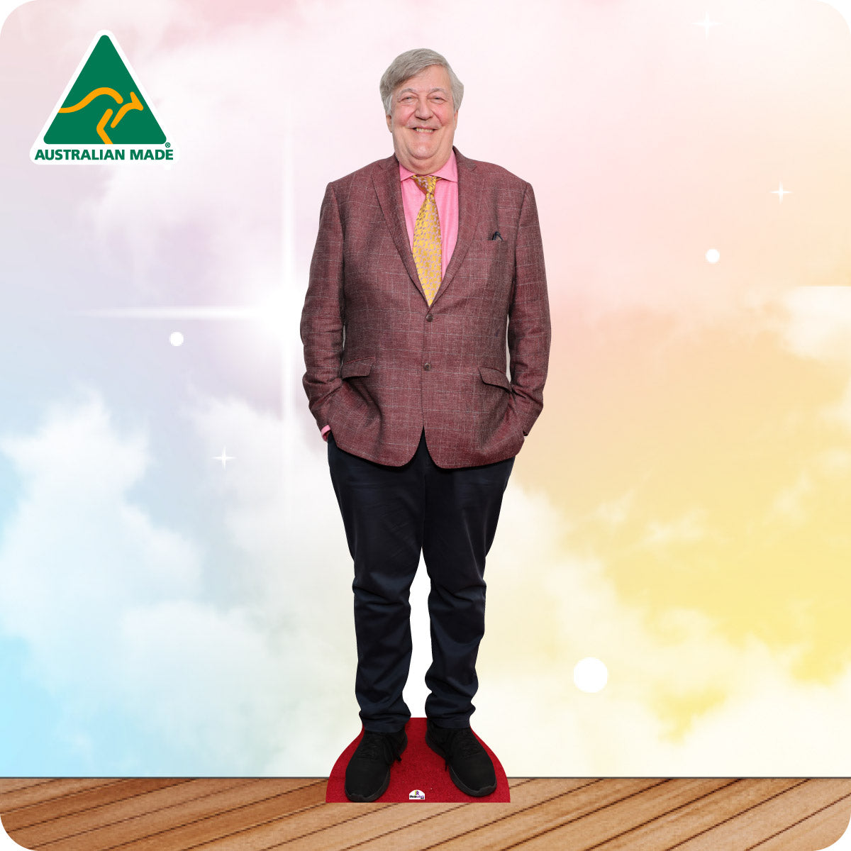 Cardboard cutout of a man in a suit with 'Australian Made' logo on a colorful background