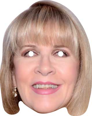 Cardboard cutout of a person with blonde hair and bangs on a white background