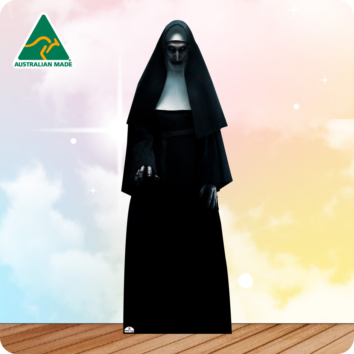 Black nun costume with 'Australian Made' logo on a colorful background