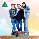 Cardboard standee of three males in jeans outfit with 'Australian Made' logo on a colorful background.