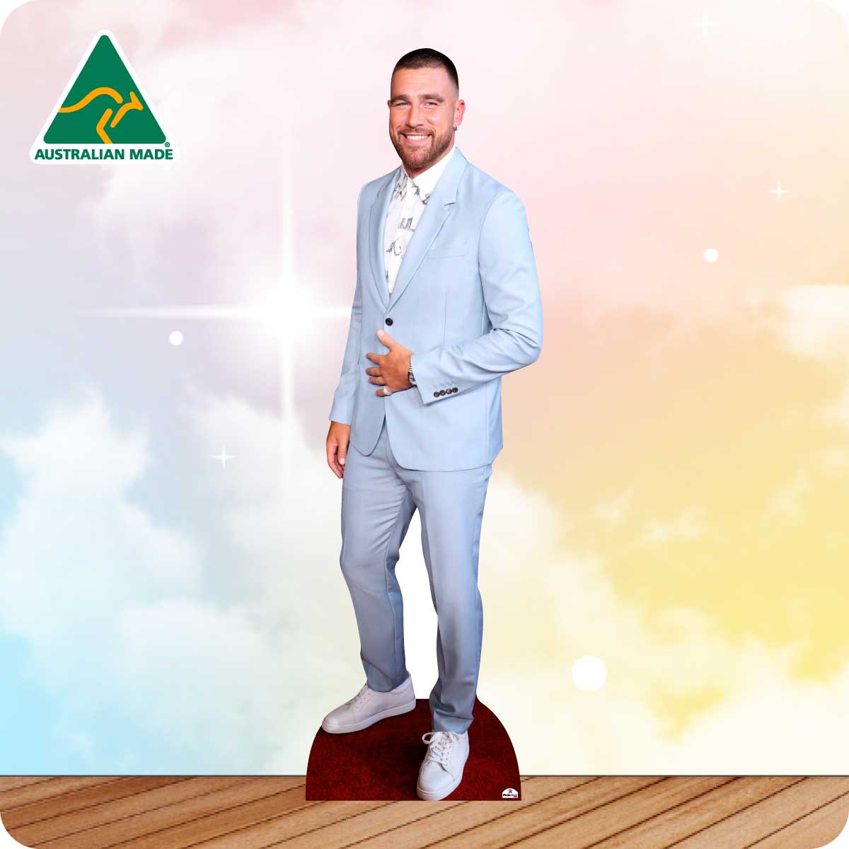 Cardboard cutout of a man in a light blue suit with 'Australian Made' logo in the corner.