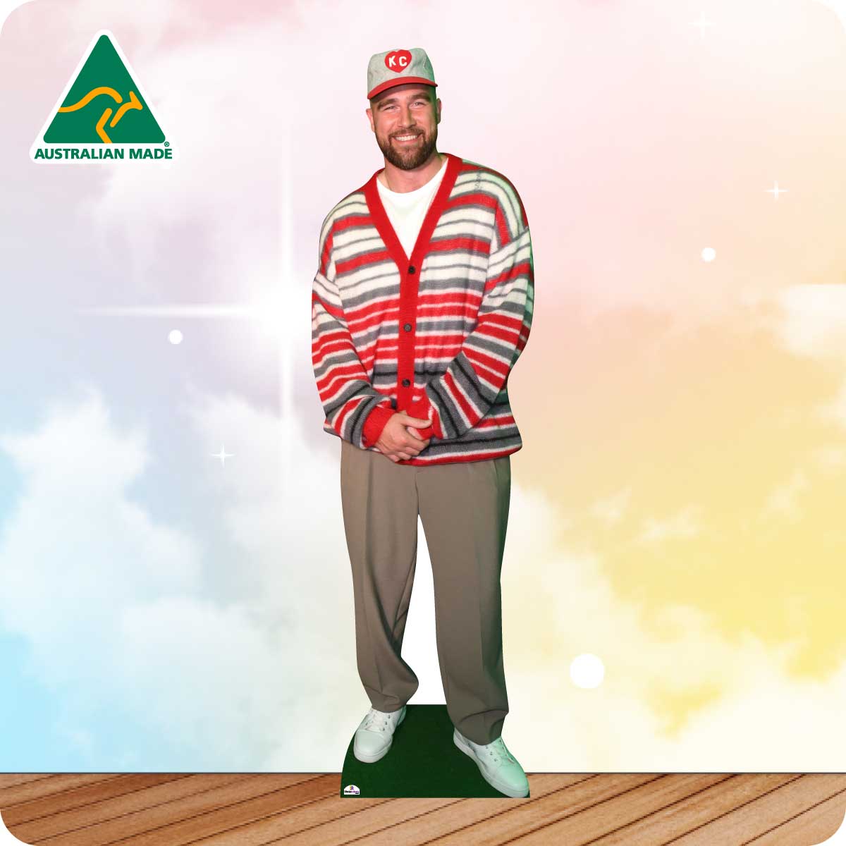 Cardboard cutout of a person wearing a red and white striped sweater with 'Australian Made' logo in the corner.