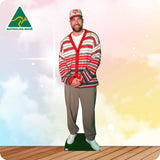 Cardboard cutout of a person wearing a red and white striped sweater with 'Australian Made' logo in the corner.