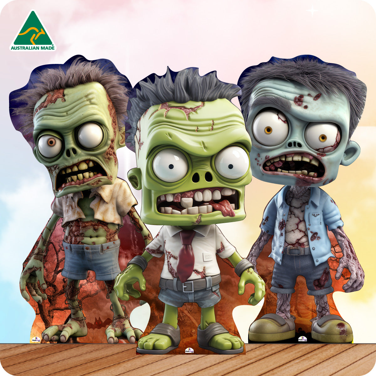 Three cartoonish zombie figures standing on a wooden surface with a colorful background.