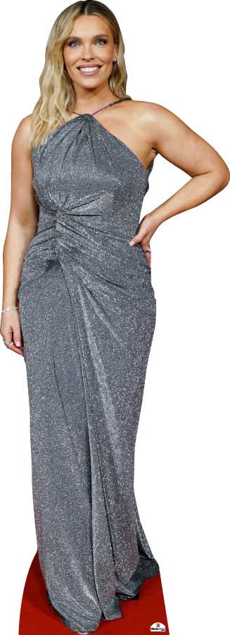 Woman wearing a silver glittery halter neck dress on a white background