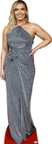 Woman wearing a silver glittery halter neck dress on a white background