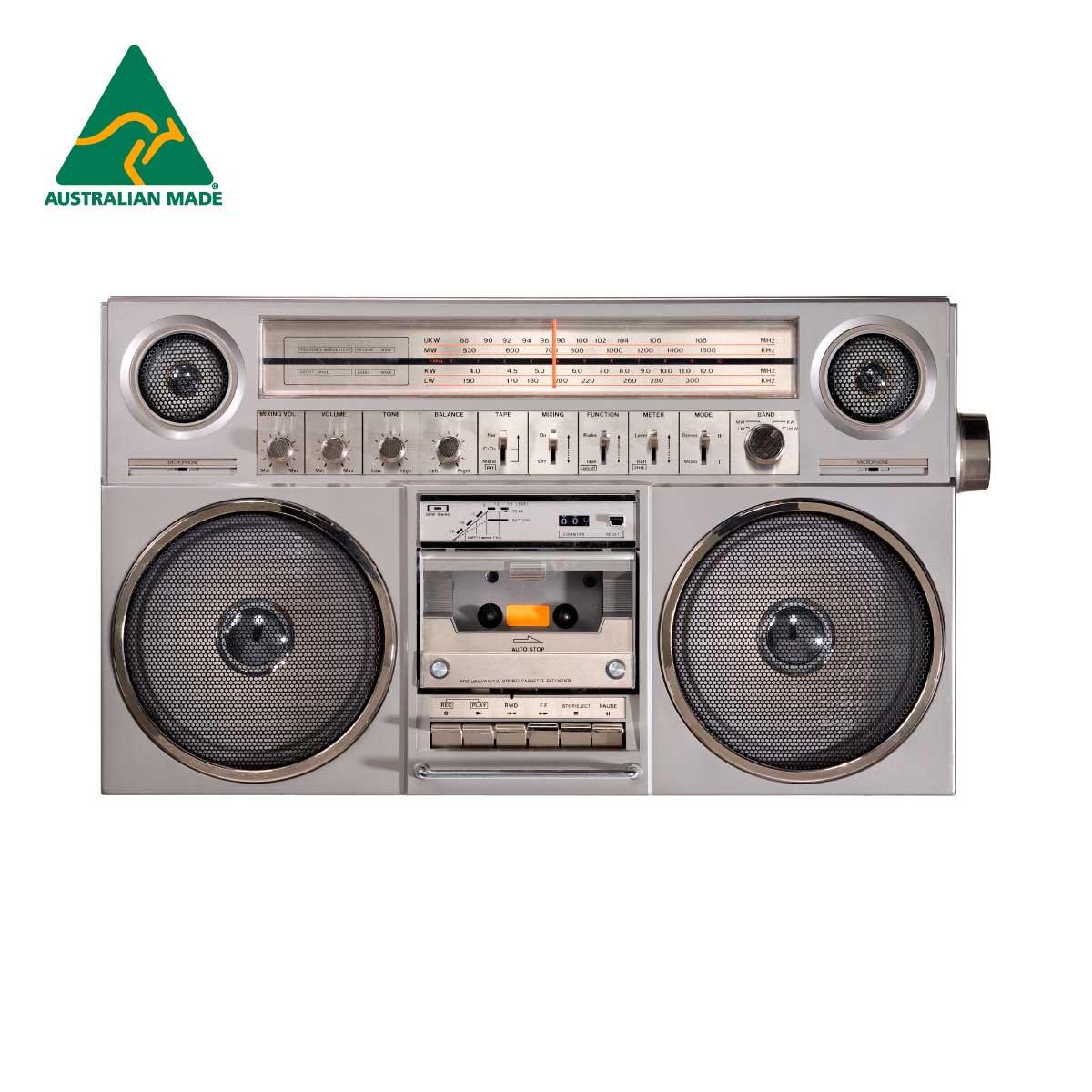 Vintage-style radio and cassette player with 'Australian Made' logo on a white background