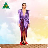 Cardboard standee of a woman in a purple dress with 'Australian Made' logo in the corner.