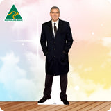 Cardboard cutout of man standing in front of a colourful background with the Australian Made logo