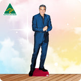 Cardboard cutout of a man wearing a suit standing in front of a colourful background with the Australian Made logo