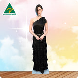 Woman wearing a black one-shoulder dress with a blurred background and 'Australian Made' logo.