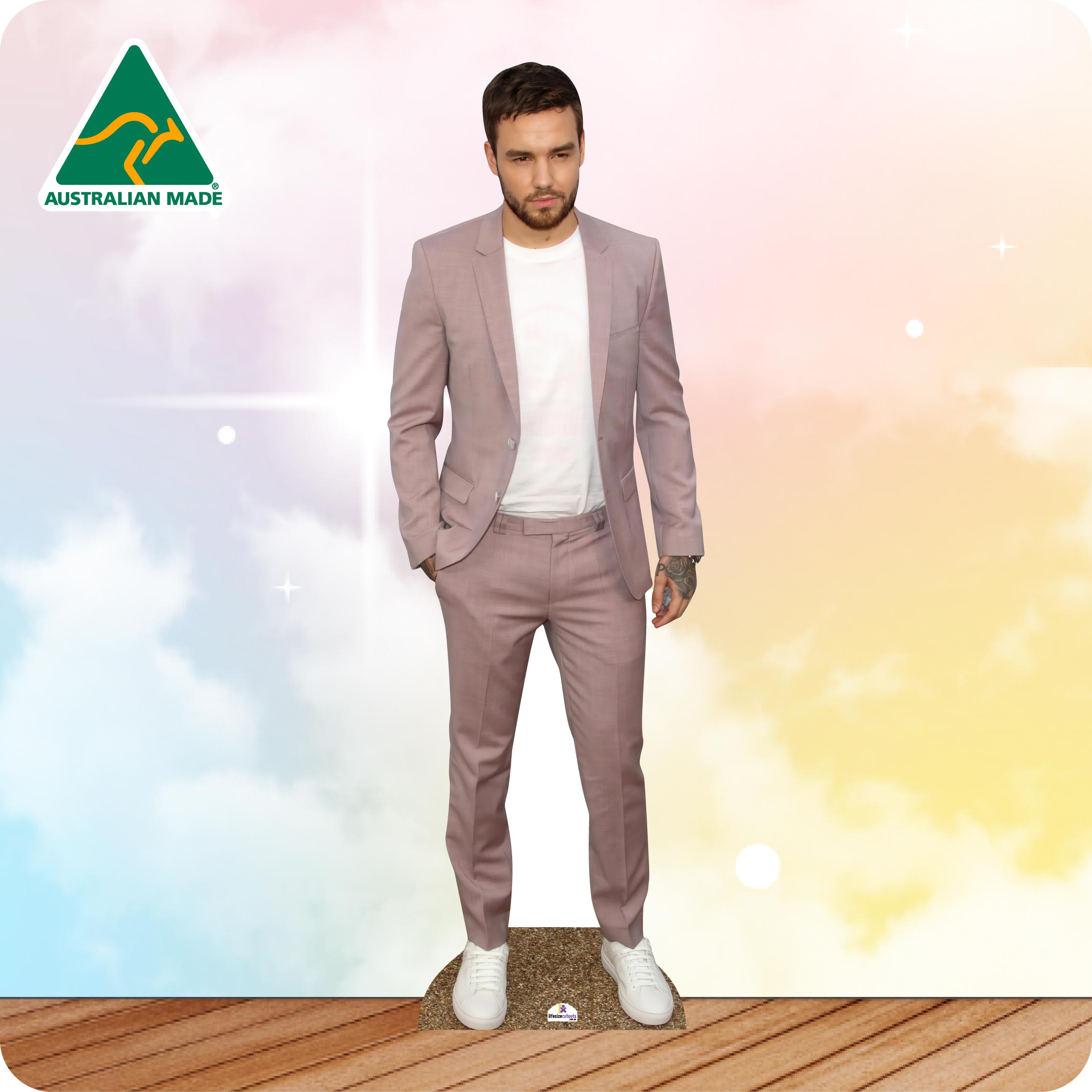 Liam Payne 988 Celebrity Cutout In a Pink Salmon Coloured suit