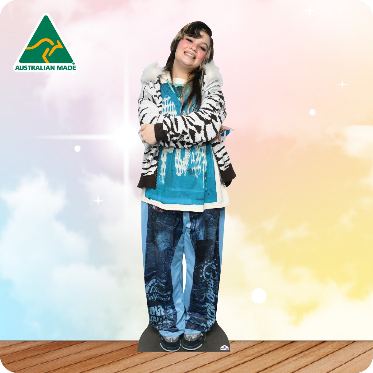 Cardboard standee of a person wearing a zebra-striped jacket and blue pants with 'Australian Made' logo in the corner.