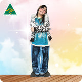 Cardboard standee of a person wearing a zebra-striped jacket and blue pants with 'Australian Made' logo in the corner.