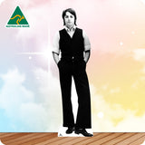 Cardboard cutout of a person in formal attire with 'Australian Made' logo on a gradient background