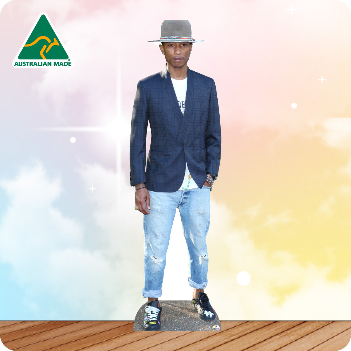 Cardboard cutout of a person wearing a blue blazer and jeans with an Australian Made logo in the corner.