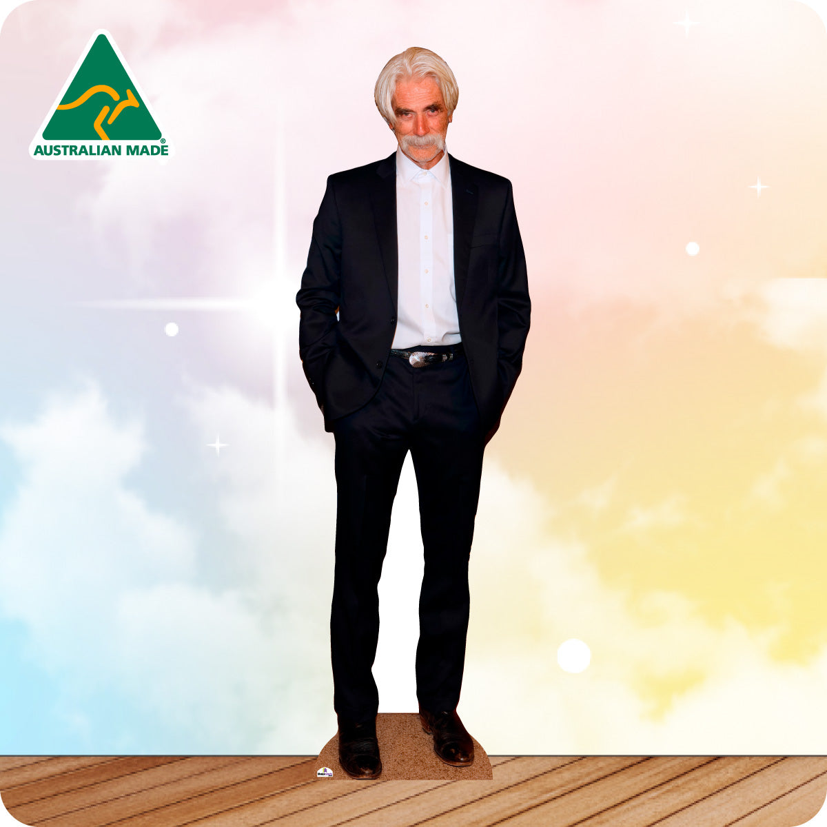 Cardboard cutout of a man in a suit with 'Australian Made' logo on a colorful background
